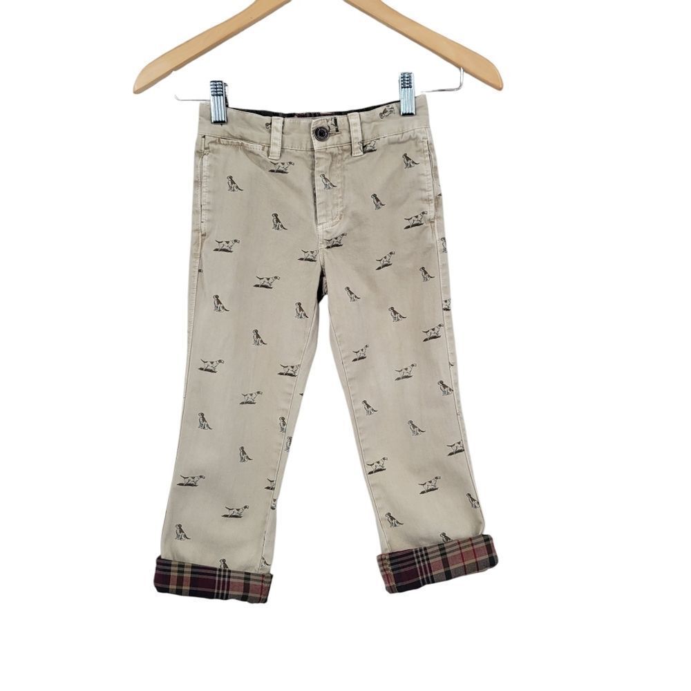 Khaki Hound Hunting Pointer Dog Printed Pants Trousers Plaid Roll Up Cuff